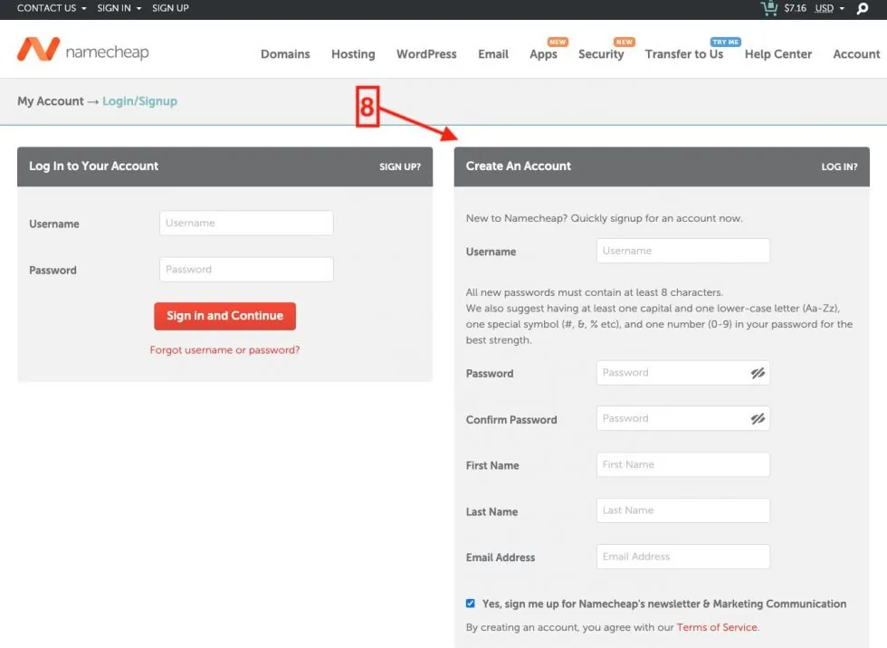 Formulario para crear tu cuenta en Namecheap