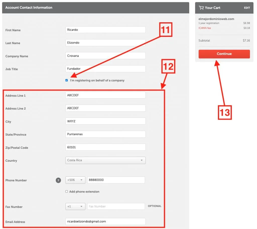 Información de contacto del propietario del dominio en Namecheap