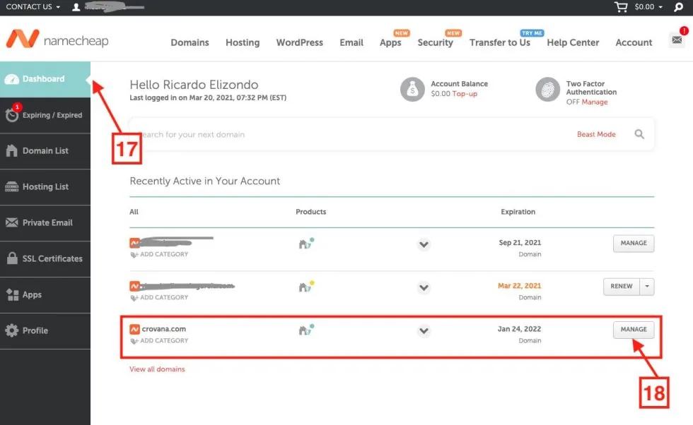 Dashboard de Namecheap mostrando tus dominios registrados