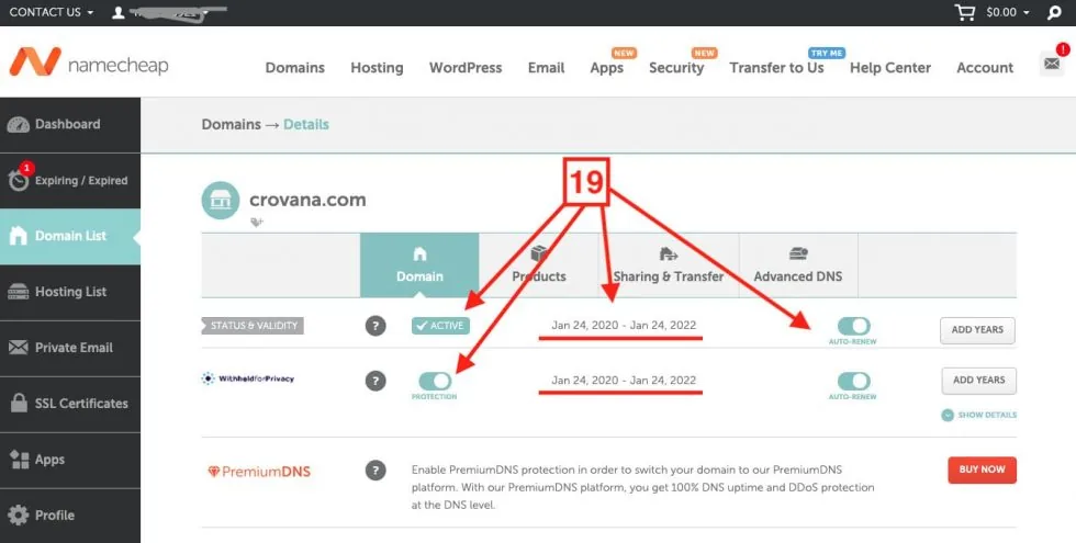 Panel de administración del dominio en Namecheap
